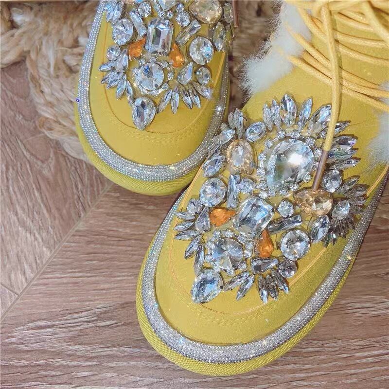 黄色 ファー ラインストーン 靴 ムートンブーツ デコレーション ブーツ