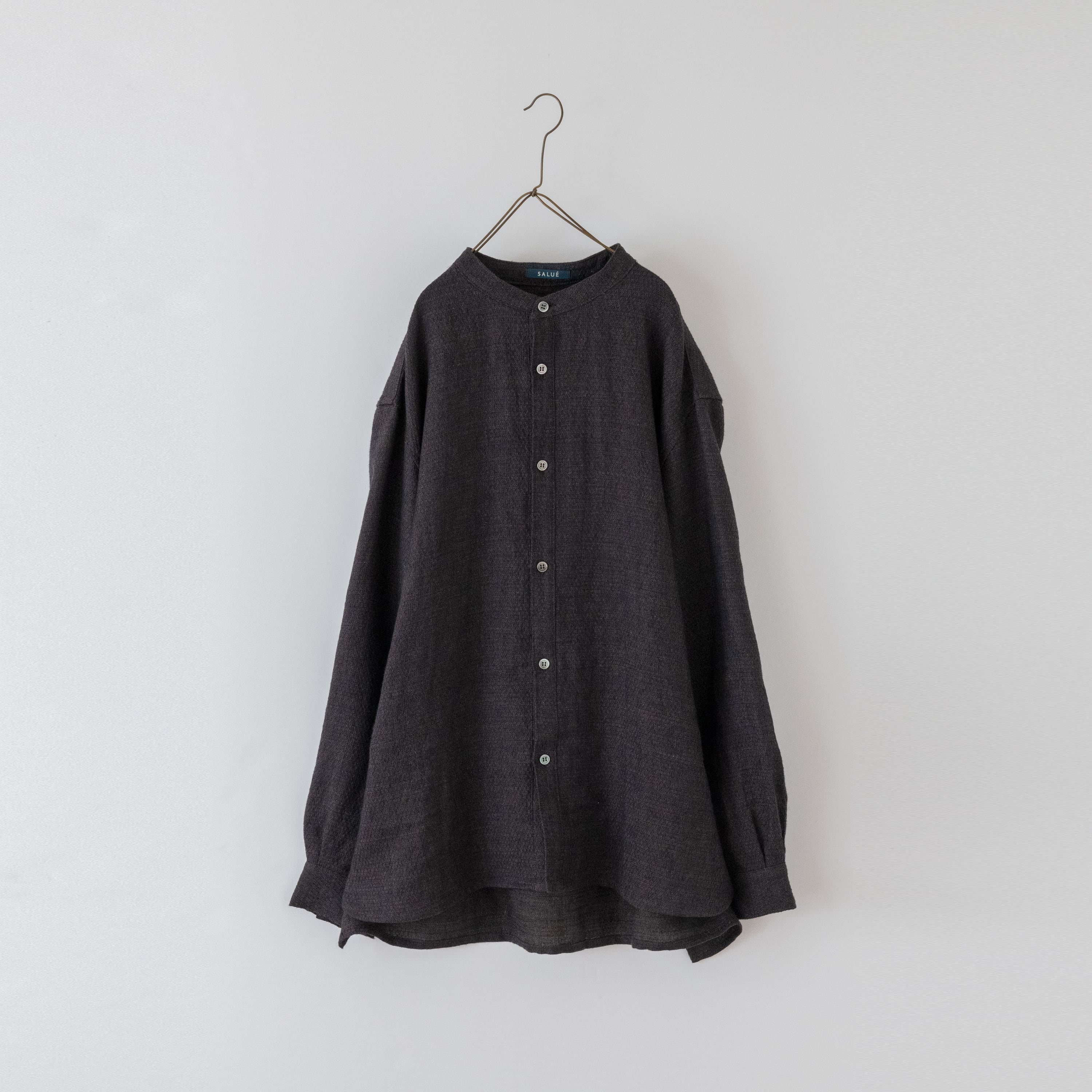 unisex band collar shirt /wool linen jaguard 〈brown×black〉