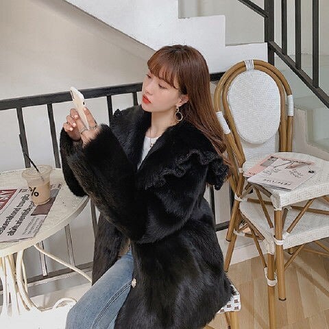 フォックス×ラビット ファーコート クロップド丈 黒 M ブラック