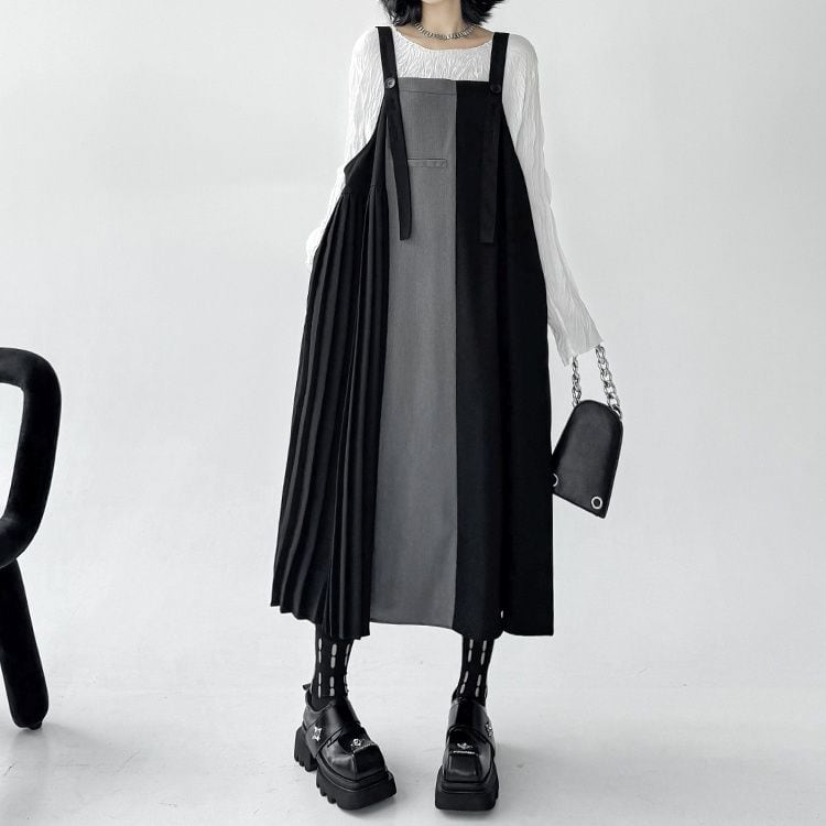 CONTRAST PLEATS STITCH A-LINE MIDI JUMPER DRESS 1color M-11885