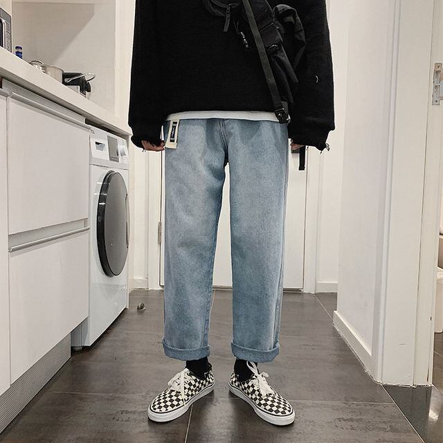 【予約販売】デニム ボトムス メンズ ロールアップ ブルー ジーパン カジュアル こなれ感 お洒落 韓国 トレンド 秋 冬 S/M/L/XL/2XL/3XL