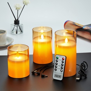 【特価処分】LEDキャンドルライト ledグラス ゴールド ロウソク 本物の炎のようにゆらめく3点セット 暖色光 火を使わない ゆらゆら揺れる 安全 省エネ 専用リモコン付き 明るさ調整 USB充電式 LEDキャンドル