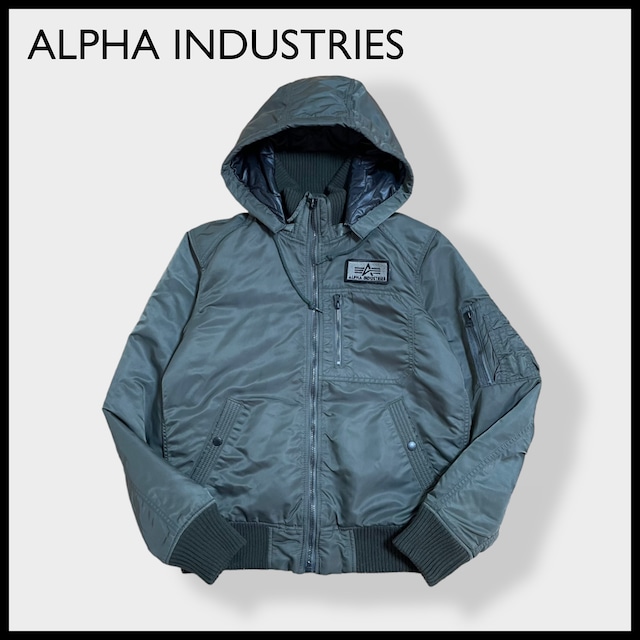 【ALPHA INDUSTRIES】フーデッドリブジャケット フライトジャケット ジャンパー ブルゾン MA-1 ワッペン フード リブ 中綿 ミリタリー フルジップ ジップアップ M アルファ サーモライト THERMOLITE エドウィン EDWIN 日本企画 US古着