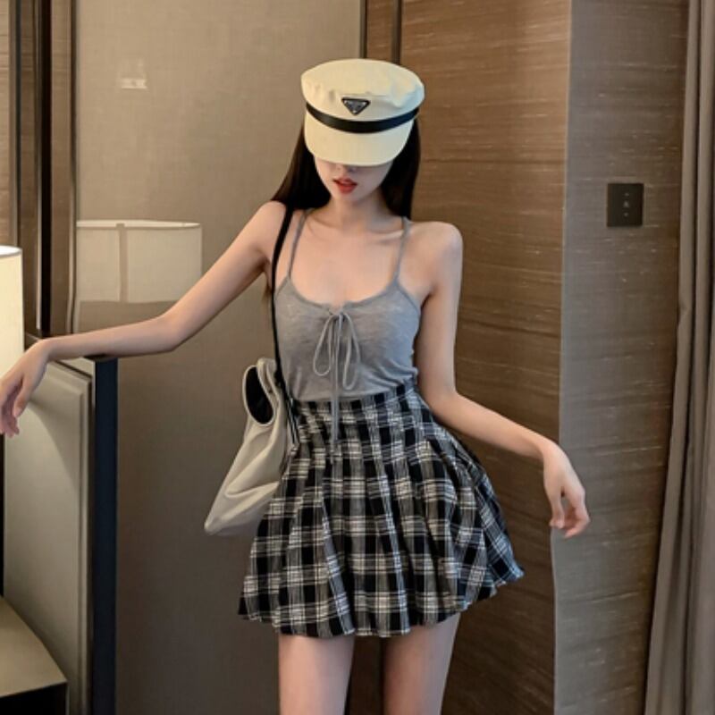 サマー格子柄プリーツスカート ストラップ 夏物 ハンチェンe72326828643