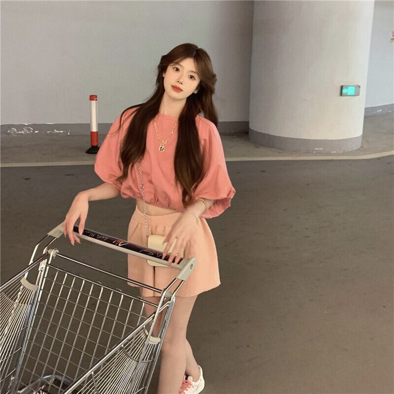 Tシャツ サマールーズ薄手ショートハイウェストウェストトップス ピンク 夏物 ブラックストロベリース71827504610