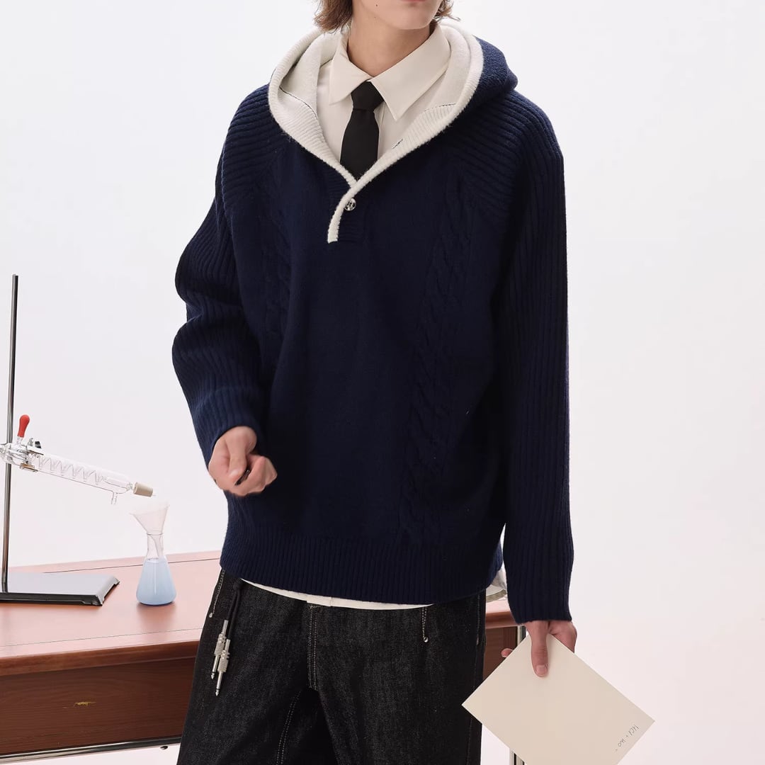 Color-blocked hooded cable knit(LMU0210)
