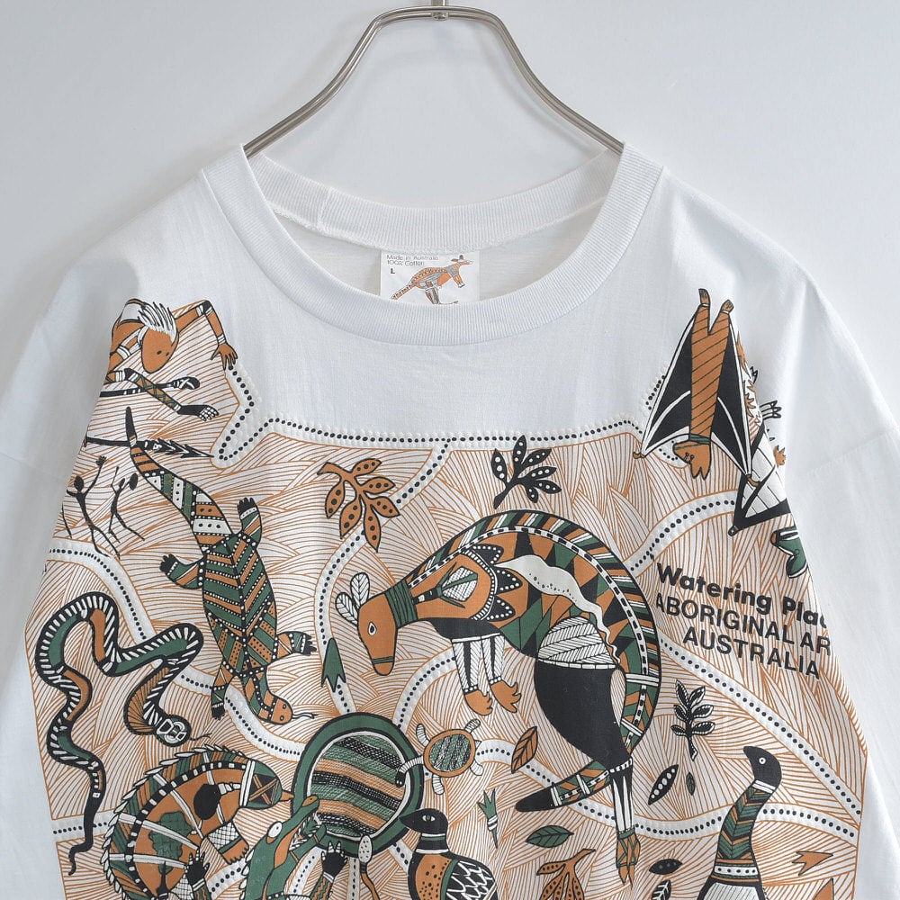 80~90s オーストラリア製 Churinga DESIGNS アボリジニアート デザイン プリント Tシャツ ヴィンテージ 半袖 ビンテージ 古着 メンズLサイズ