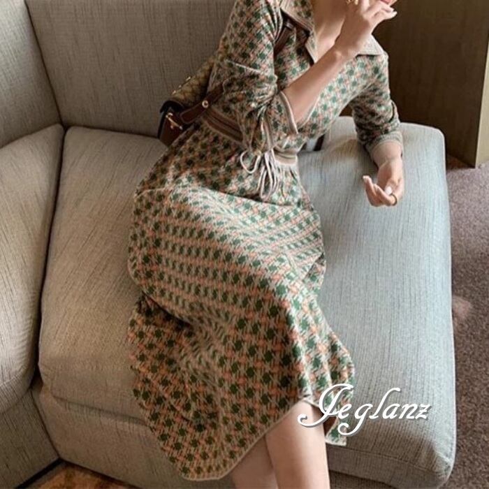 ニット シャツ ワンピース 紐ベルト カジュアル レトロ感(MA921)γα