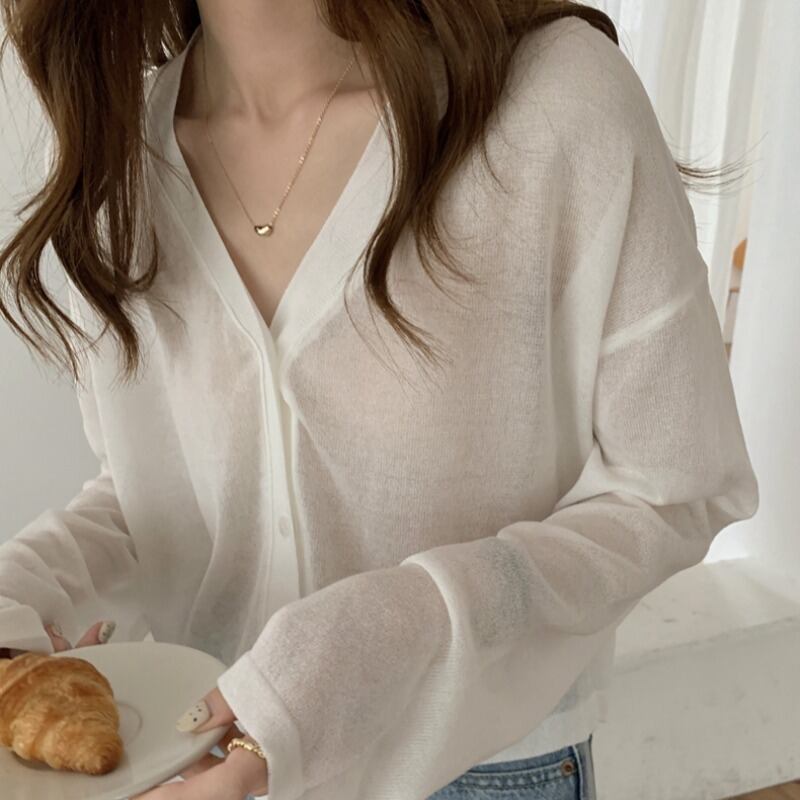 ニットカーディガンサマー薄手ルーズVネックショートブラウス トップス 夏物 1号婦人5414083577