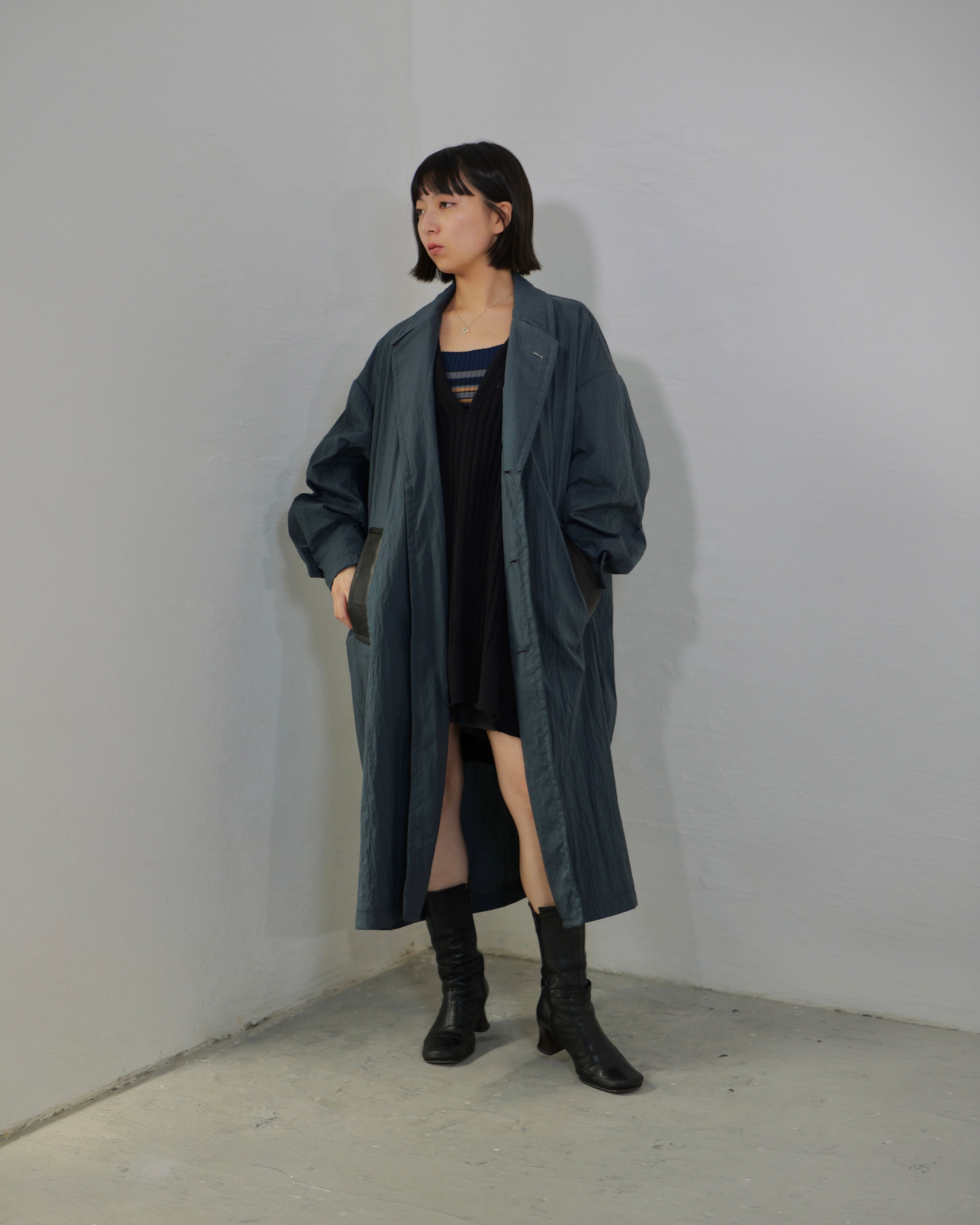 i'm here - Shrink Nylon Grandpa Coat ：Navy｜シュリンク凹凸