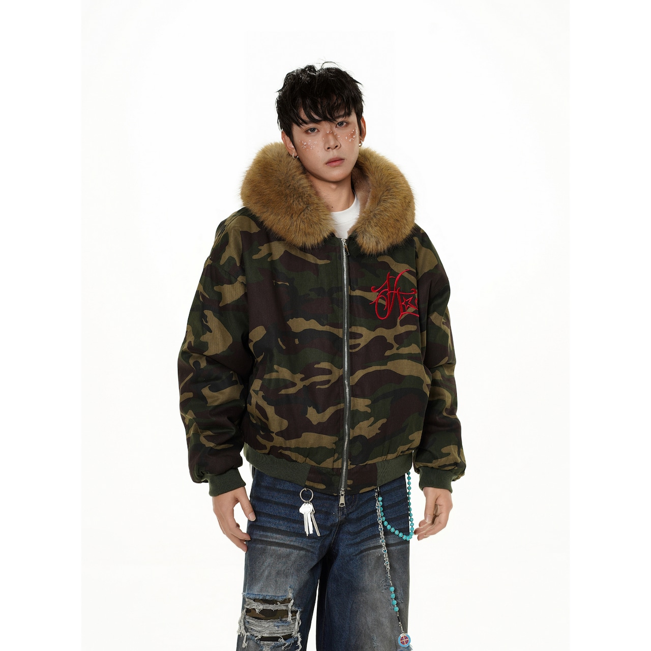 【暖かさUP】ファー迷彩刺繍 中綿ジャケット T1407