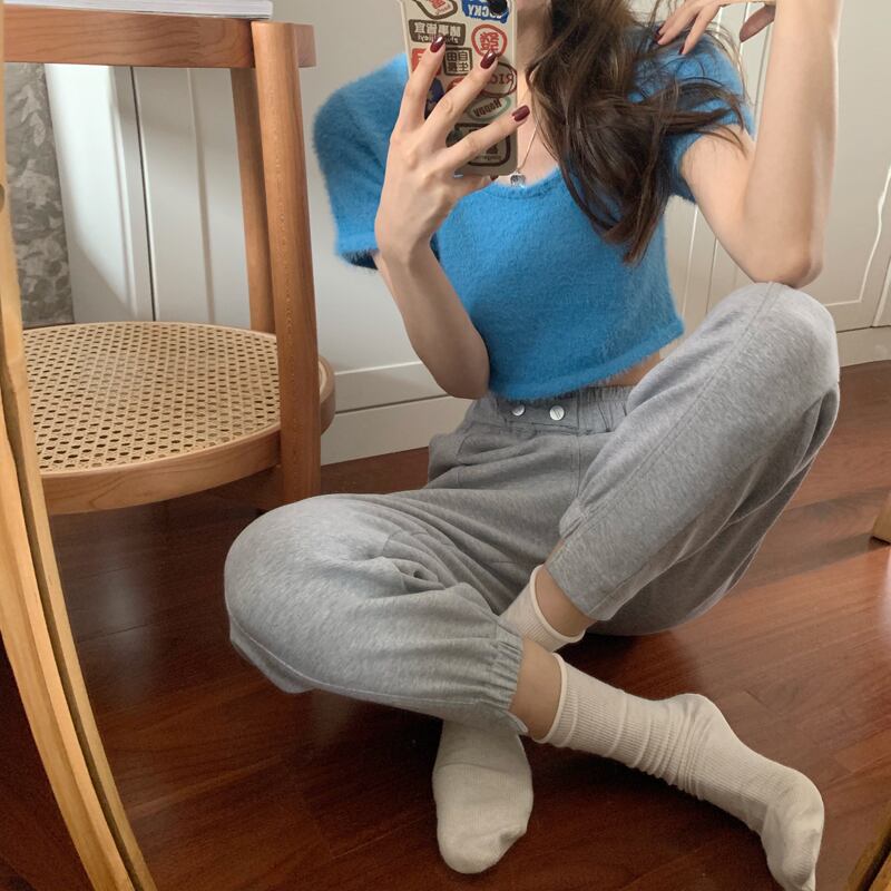 薄手ショートセーター ラウンドネックソリッド カラープルオーバー トップス レディース Oネック ソリッドカラー ビッグFスモールZ韓国15717457487