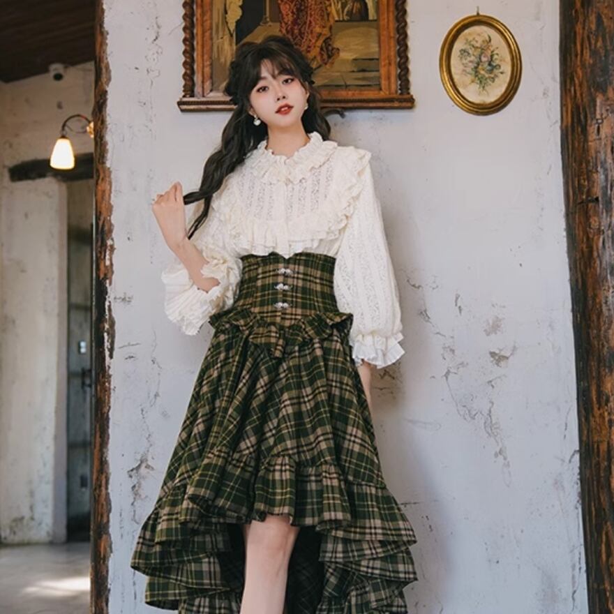 サブカル 服 地雷系 通販 ロリィタファッション クラロリ 上下セット セットアップ ブラウス スカート チェック柄 アシンメトリー レース ギャザー お嬢様コーデ 上品 控えめ