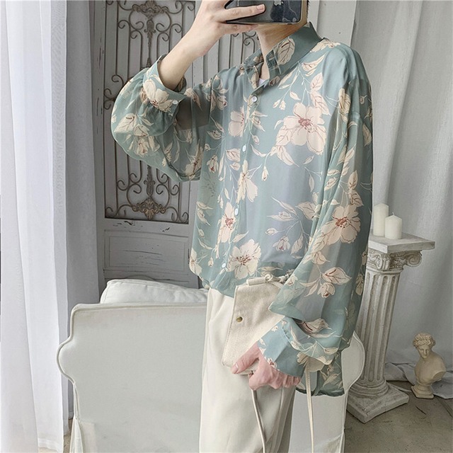 2color Unisex Hawaiian 花柄プリント シアー ロングスリーブシャツブラウス 花柄 ブラウス 長袖 個性的 ブラウス 大きいサイズ ブラック 黒 ブルー 青 Dm5 Top Mode