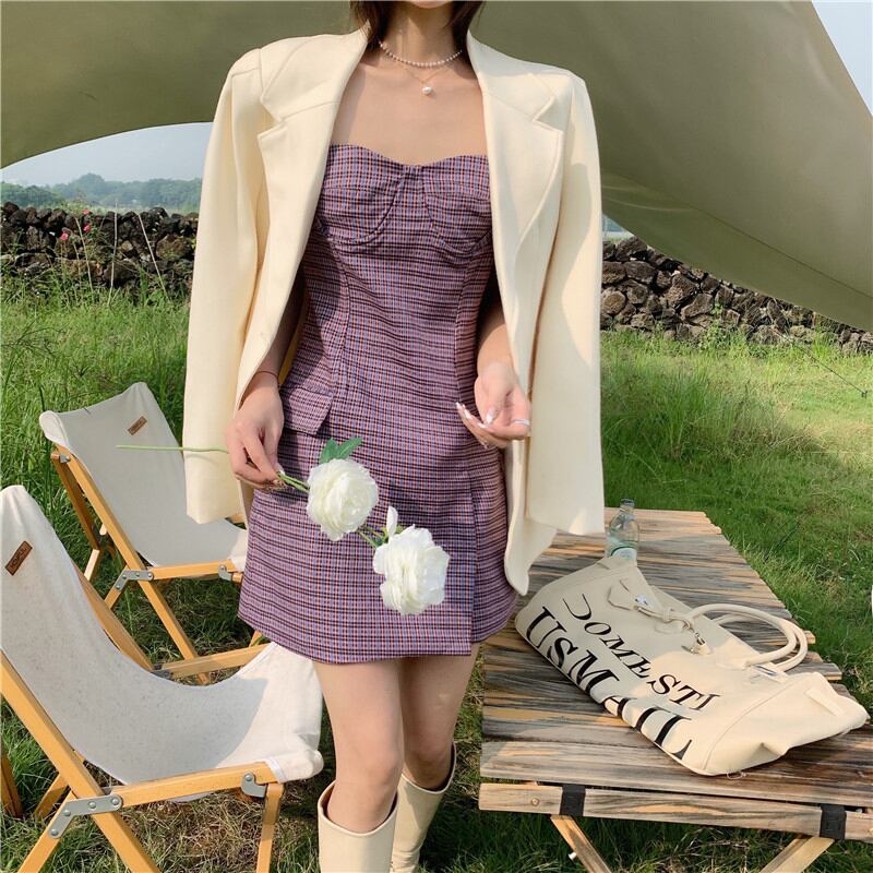 ドレス スタンダード格子柄スカート スプリングストラップレススリムウェスト レトロ 春物 ブラックストロベリース1541692996