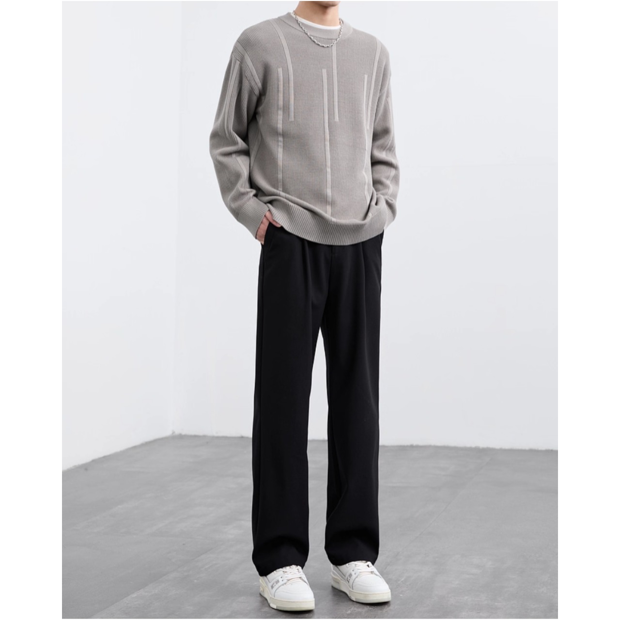 縦ラインデザイン クルーネック 長袖ニットセーター af0349