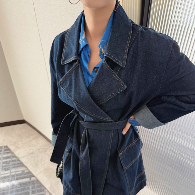 Belted denim Short trench coat 00605