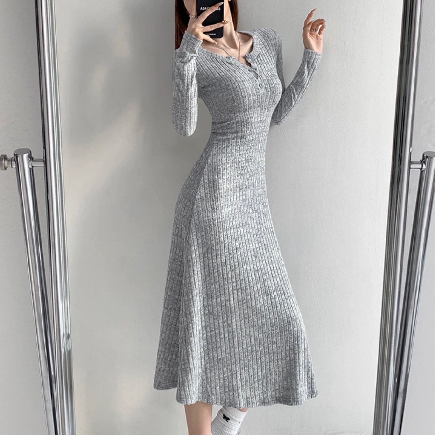 henry neck rib knit one-piece la0307 | Lavissy