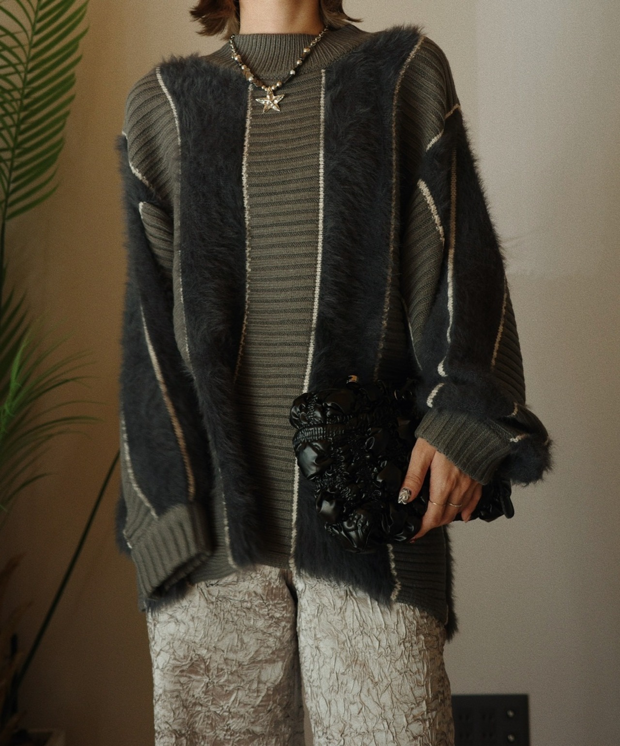 シャギーニット天竺編み×リブ編み 切替 ニット/チャコール