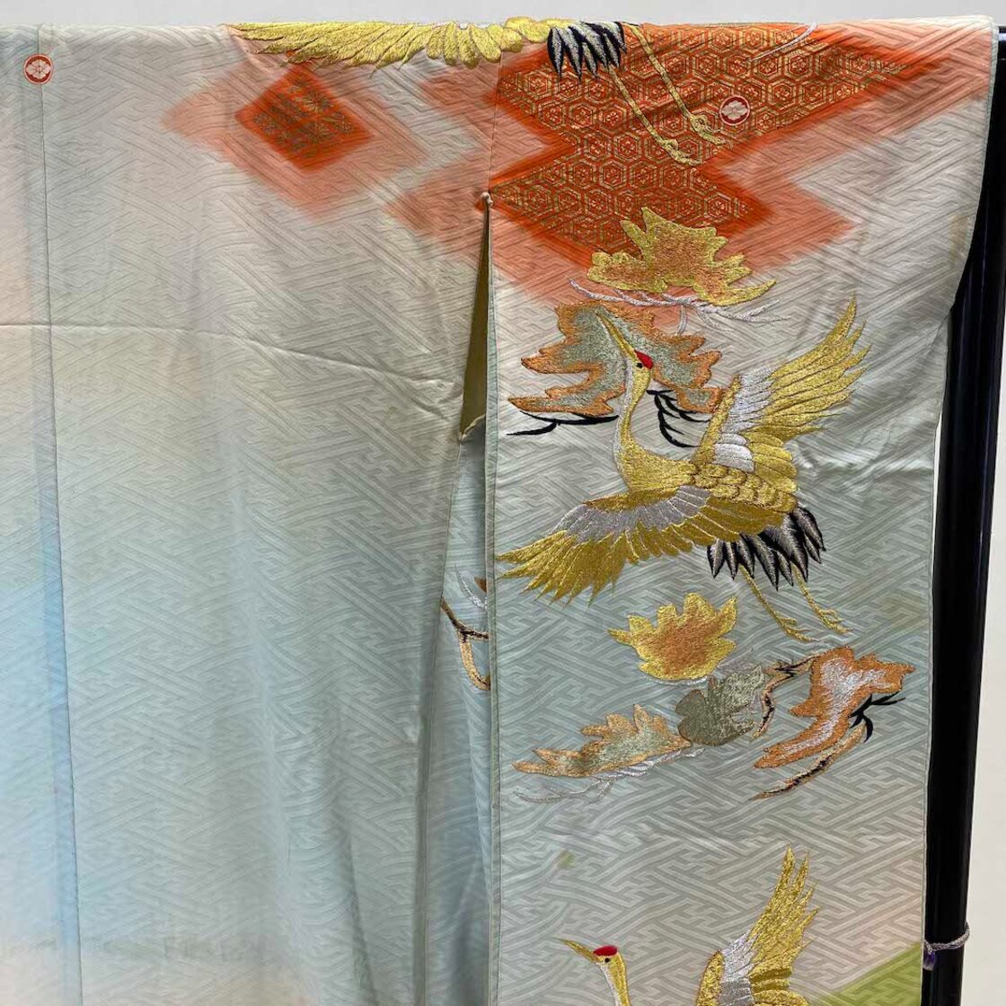 アンティーク 本振袖 振袖 水色 オレンジ 緑 金 鶴 ヴィンテージ  