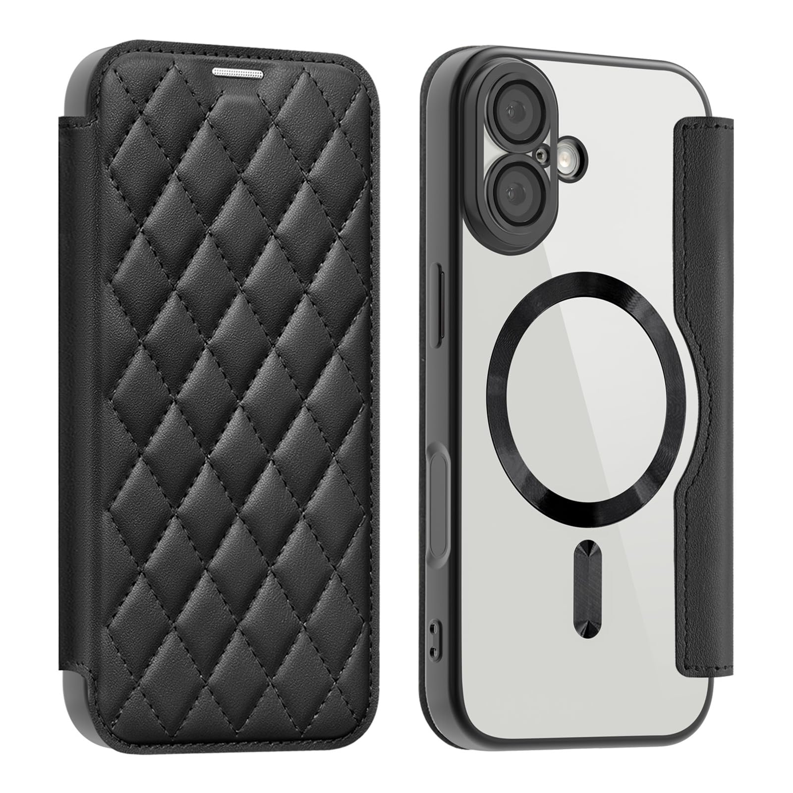 Luoiwei iPhone 17 用 ケース 手帳型 かわいい 携帯カバー背面 透明 Magsafe対応 アイフォン 17 おしゃれ 薄型 カード収納 PUレザー 内蔵マグネット 耐衝撃 財布型 カード収納 いphone17 全面保護 軽量 防塵 耐衝撃 耐摩擦スマホケース(クリア, ブラック )
