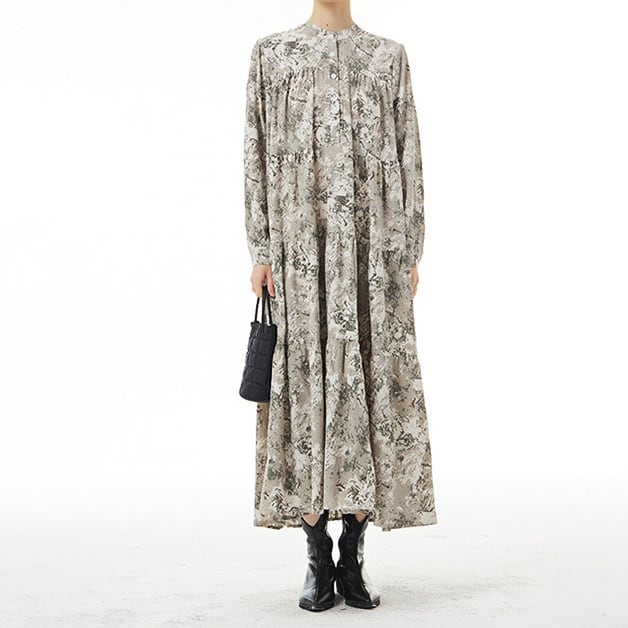 PRINT STAND COLLAR TIERED LONG SHIRT DRESS 1color M-5594
