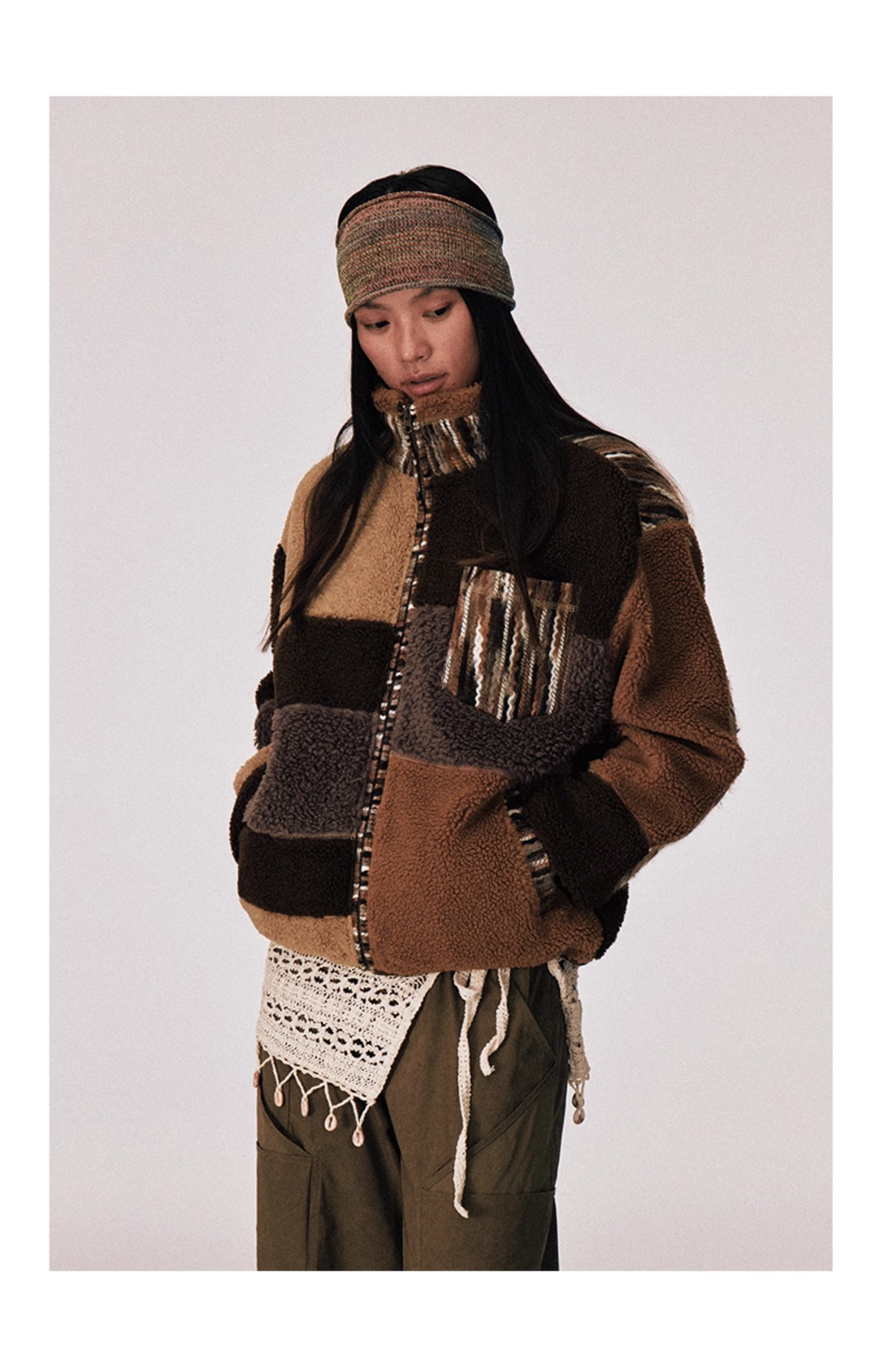 CONP Patchwork Stripe Fleece Stand Collar Jacket