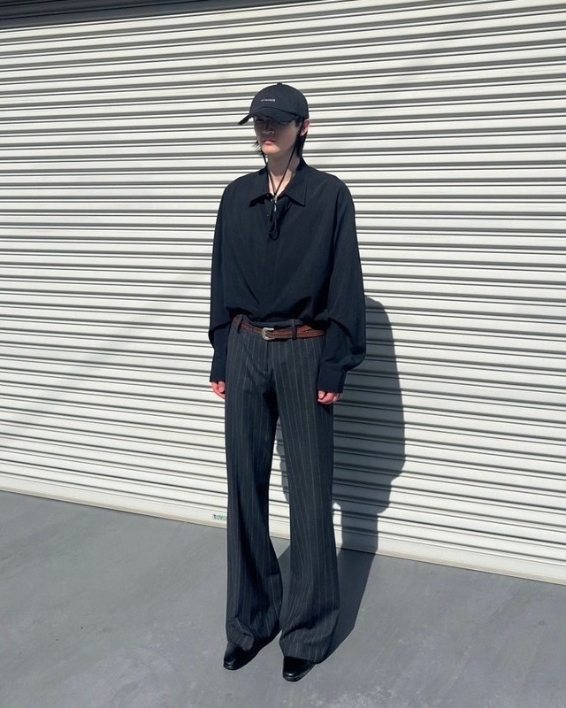 pinstripe gray wide straight slacks