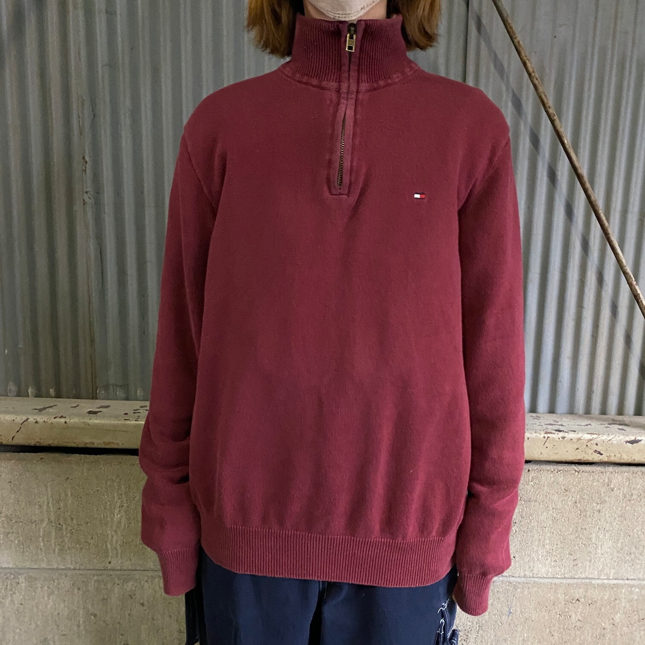 トミーヒルフィガー ハーフジップ コットンニットセーター メンズM 