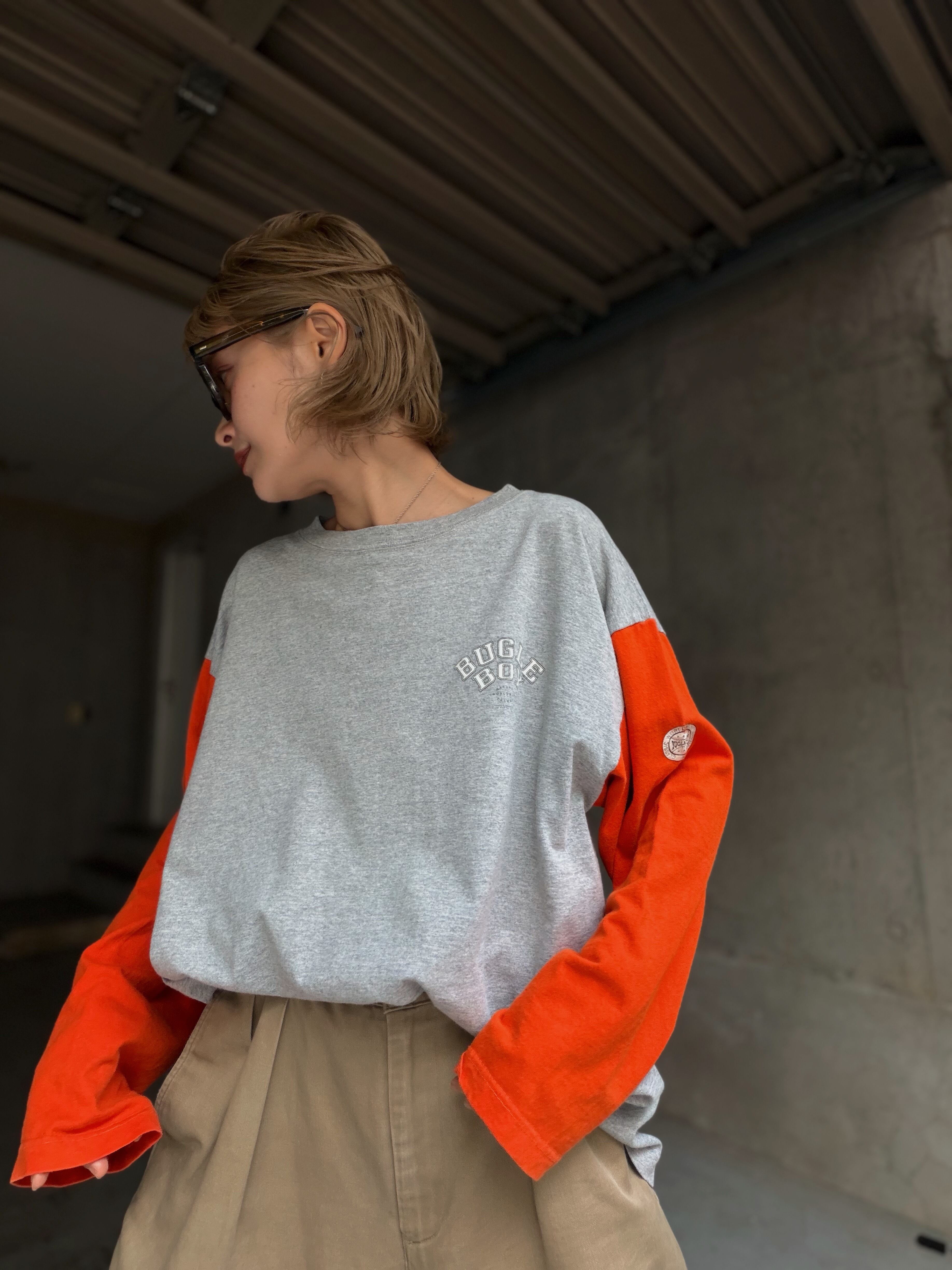 (CS2360)Bugle Boy gray/orange color block L/S T shirt made in USA