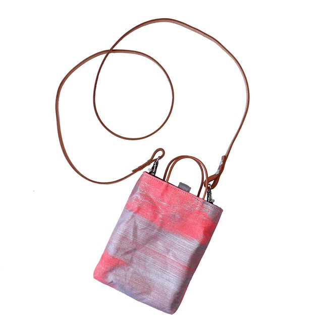 友禅染めミニトートポーチ/スマホポーチ/蛍光ピンク＆シルバー