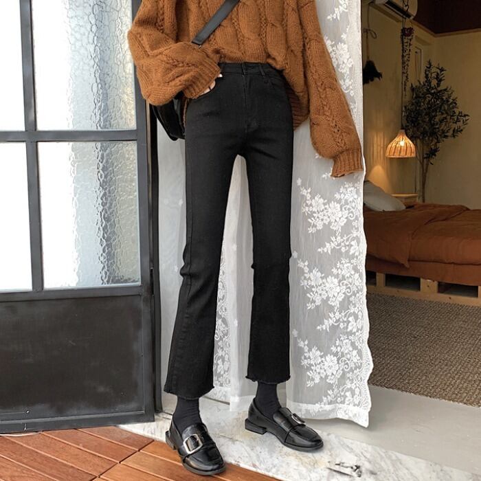ブラックの厚みのあるフリースハイウエストジーンズの女性の2020年秋冬プラスフリースストレッチストレートバリスリムフィットシガレットパンツトレンド クレセントシティ46644785144