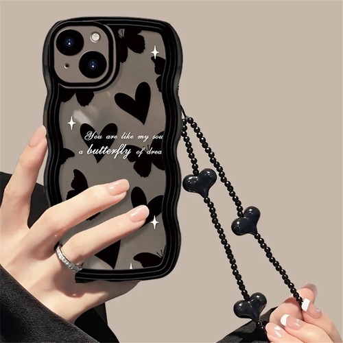 ：送料無料【予約商品】　(0163）モノトーン　透明　ハート　ストラップ　iPhone  iPhoneケース　スマホケース
