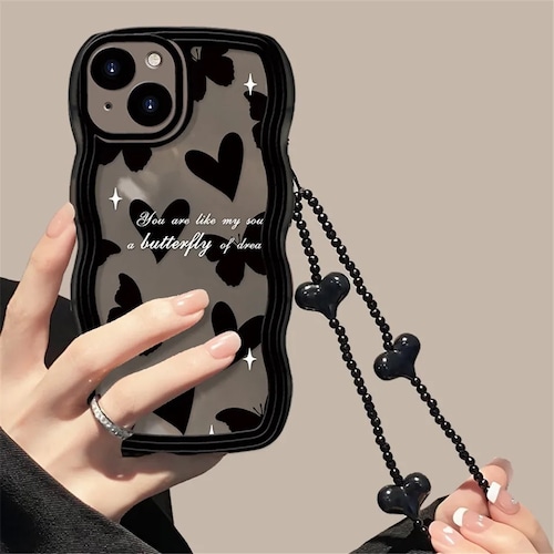 ：送料無料【予約商品】　(0163）モノトーン　透明　ハート　ストラップ　iPhone  iPhoneケース　スマホケース