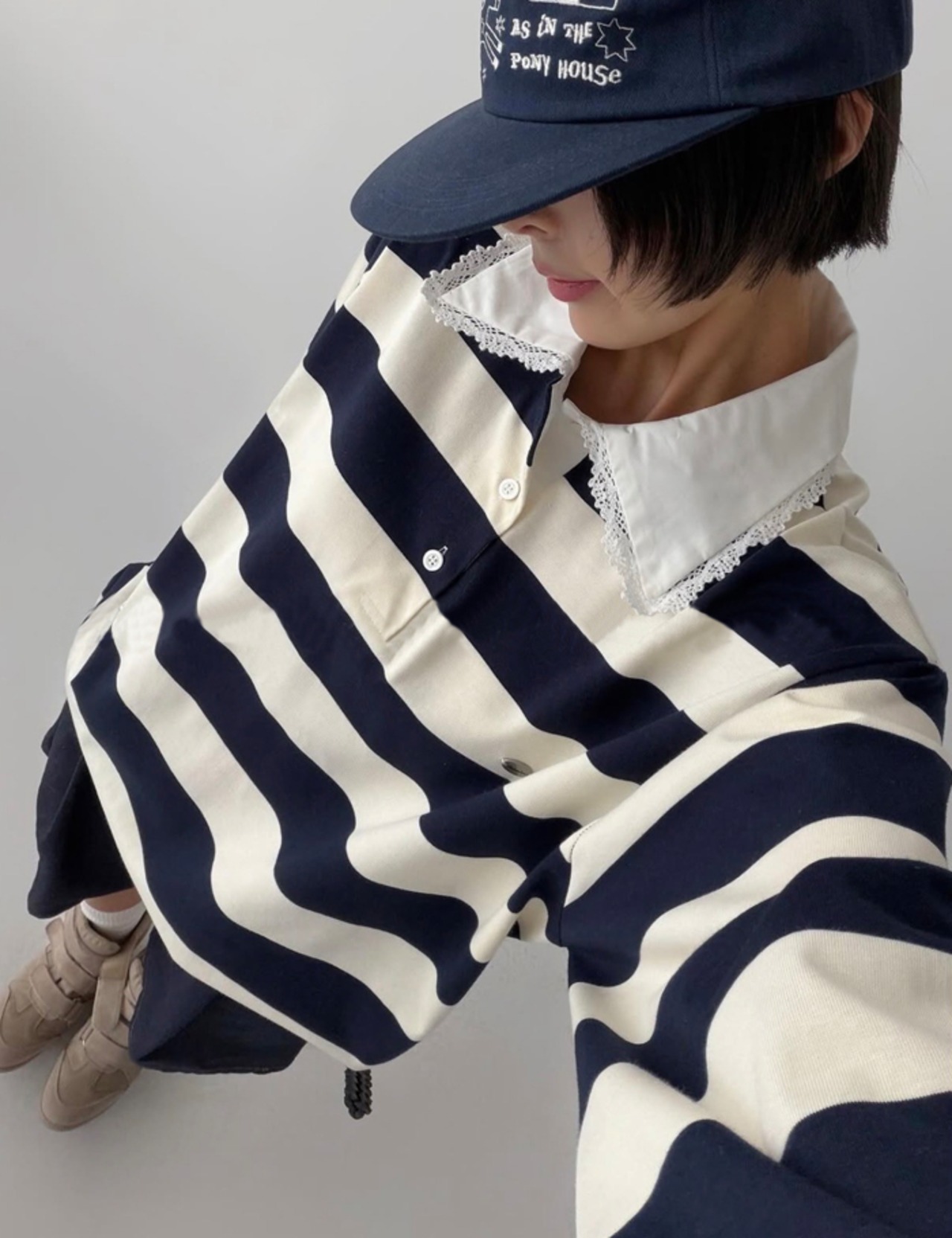 【新作5％OFF・3日間】Lace-collar Stripe Toips_3colors