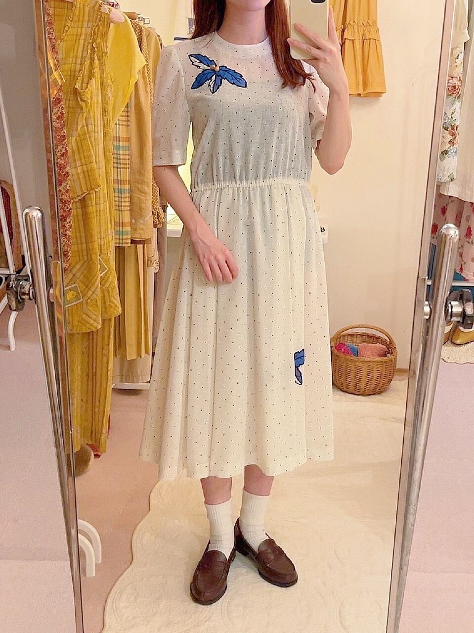 white dot blue leaf one-piece