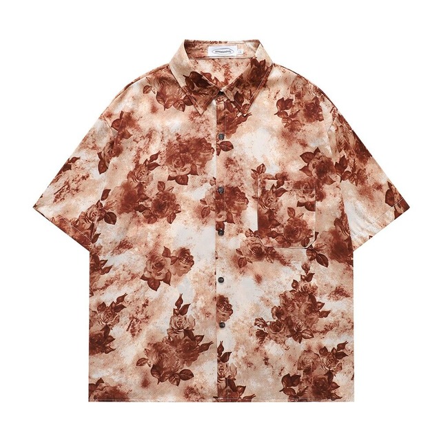 【UNISEX】ROSE PRINT FLOWY SHORT SLEEVE HAWAIIAN SHIRT M-17818