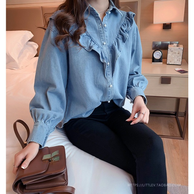 フリル デザイン デニム トップス(2color)_H113