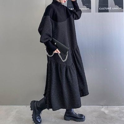 ロングワンピース 黒ワンピ 秋 秋冬 40代 50代 マキシ丈ワンピース冬の