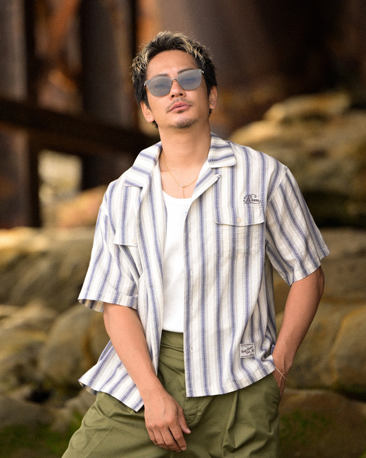 【#Re:room】NATIVE PATTERN STRIPE OPEN COLLAR SHIRT	［RES129］