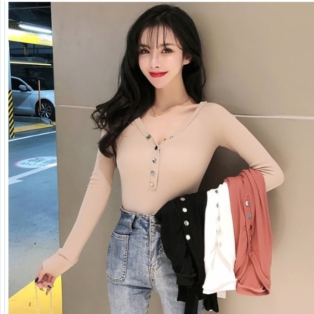 韓国ファッション セクシー Vネック プルオーバー 長袖シャツ 韓国 ファッション レディース トップス セクシー レディース V