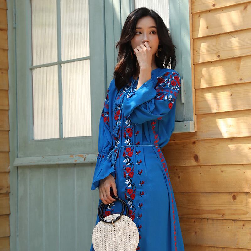 刺繍スリットボヘミアンスタンダードロングスカート エスニックスタイルドレス レトロ 延命家ファッション2478679