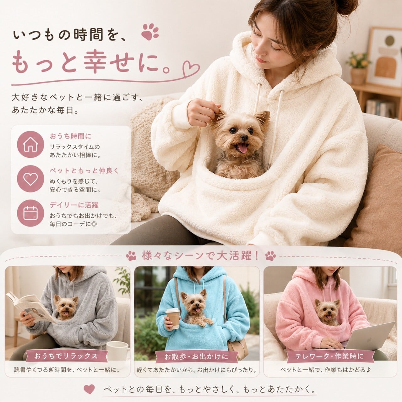 408.HANA ペットポケット付き ふわもこオーバーサイズパーカー