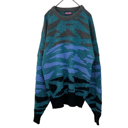 『CHECK POINT crew neck mulch mix colour big silhouette over size mountain design ribbed 3D knit sweater』USED 古着 チェック ポイント クルー ネック リブ 編み 立体 ミックス マルチ カラー ビッグ シルエット オーバー サイズ マウンテン デザイン ニット セーター