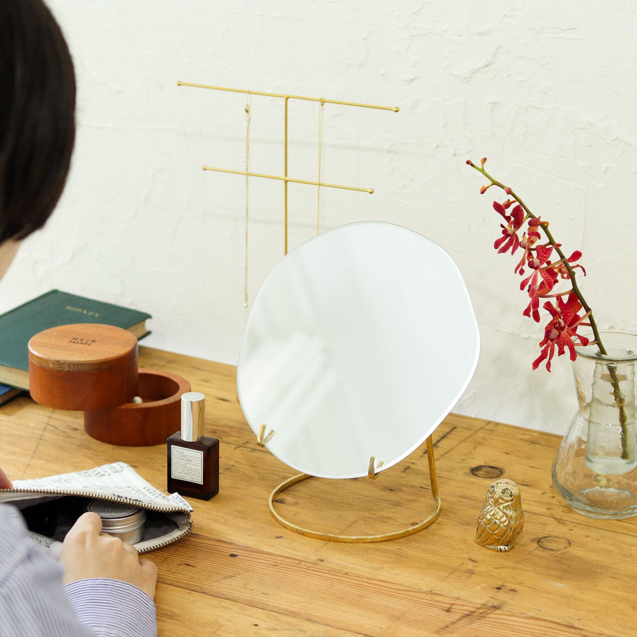 Brass stand mirror