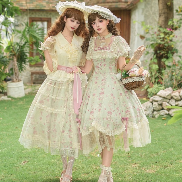 ロリィタセットアップ ミント花柄ブラウス×スカート お茶会衣装