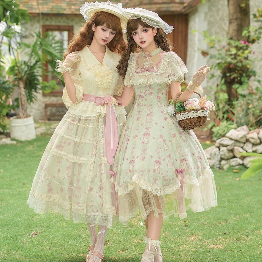ロリィタセットアップ ミント花柄ブラウス×スカート お茶会衣装