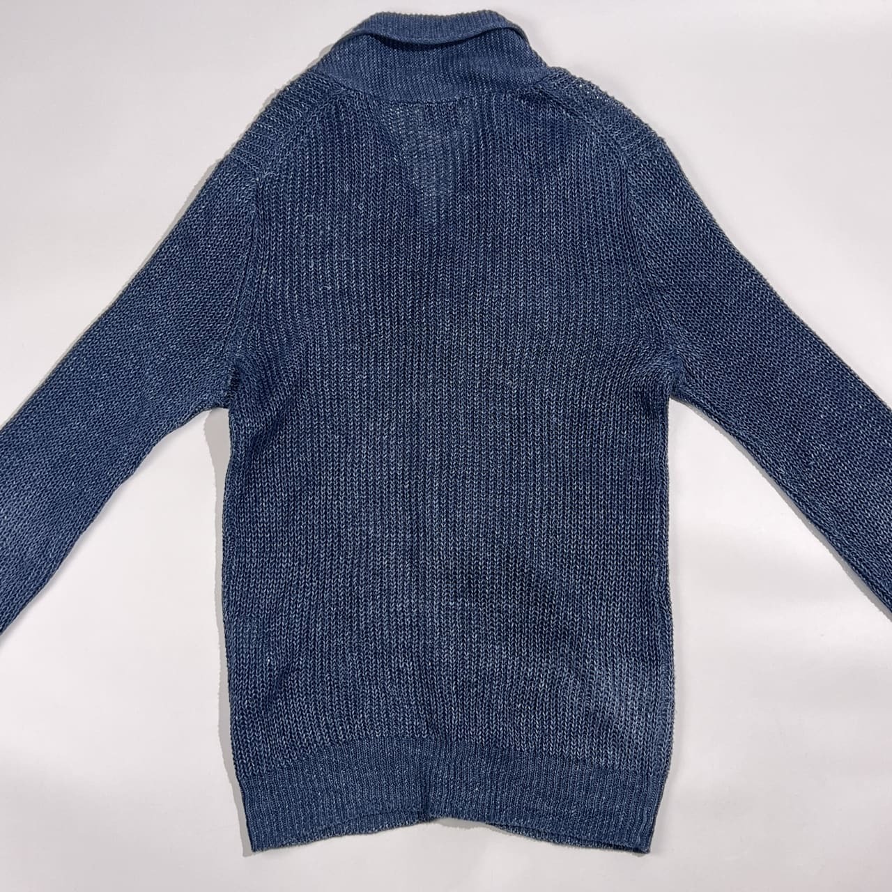 リネン100% green label relaxing グリーンレーベル ショールカラー メッシュ ニット カーディガン M/ネイビー系