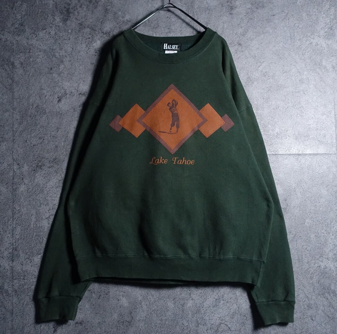 90s Green Golfer Motif Print Design Sweat