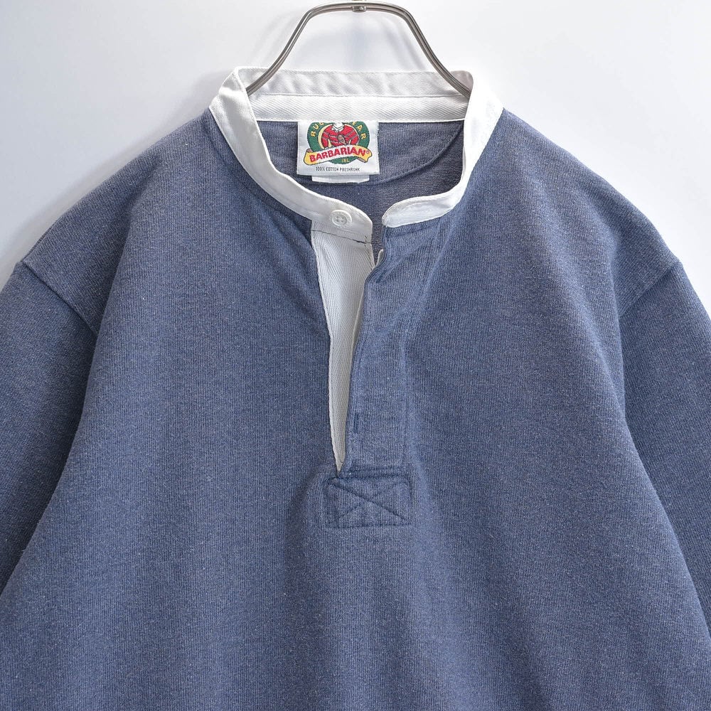 90s カナダ製 BARBARIAN バーバリアン ヘビーウェイトコットン 無地 ソリッド ラグビーシャツ 半袖 ラガーシャツ 霜降りブルー 青 ヴィンテージ ビンテージ USA アメリカ古着 メンズ~M相当